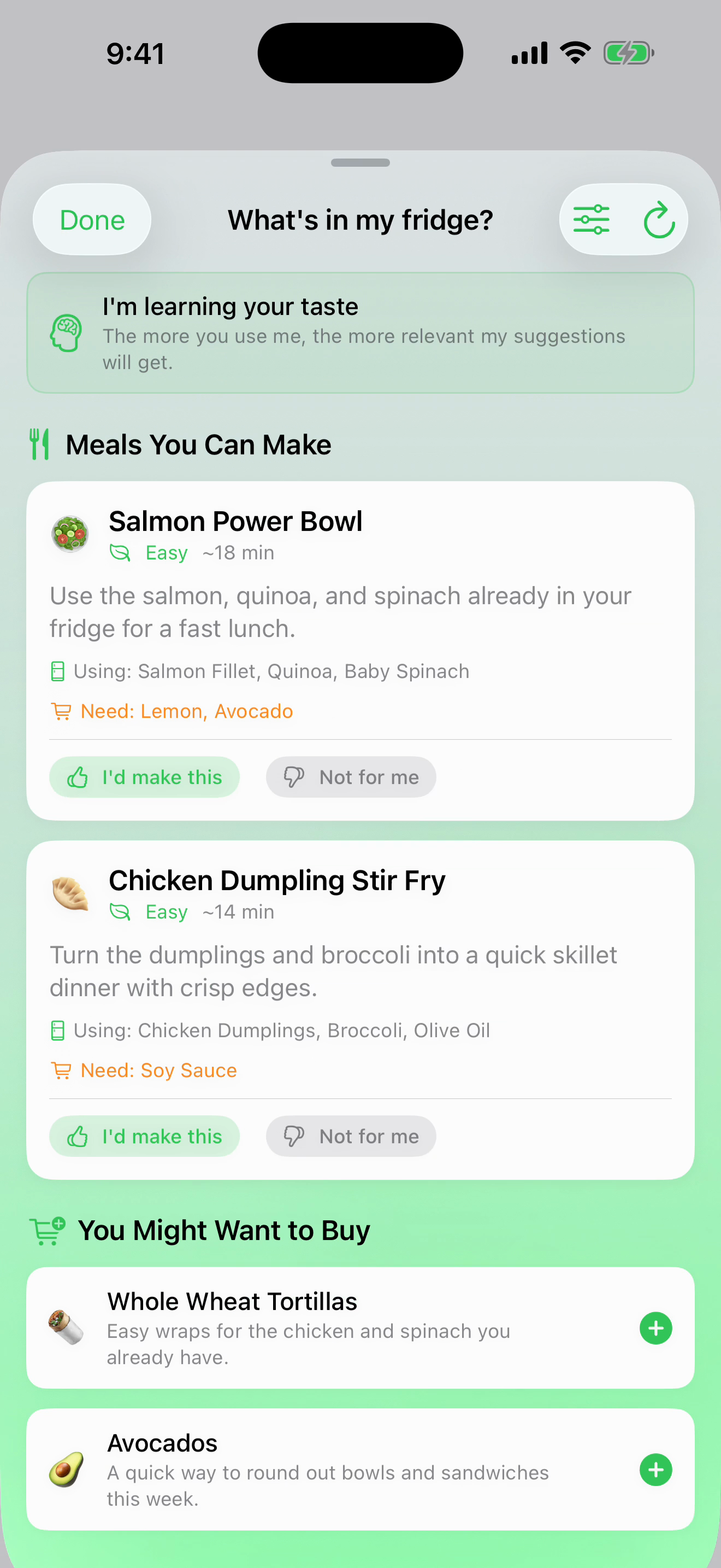 Fridge photo to inventory, meal tracking, and grocery list in one smooth flow